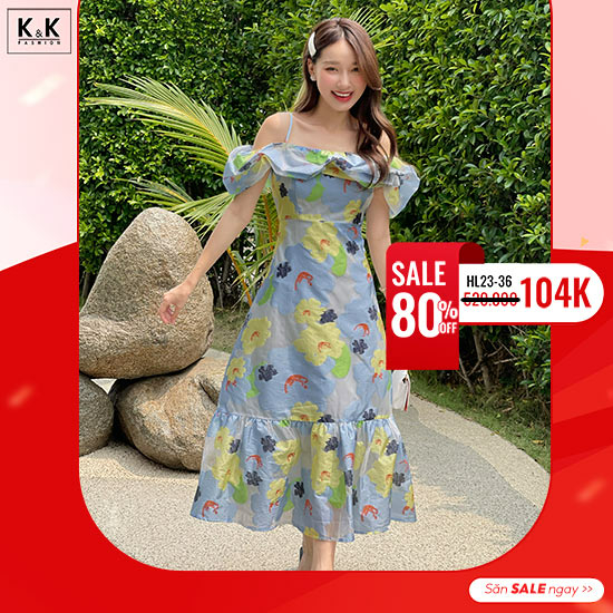 Đầm hoa dáng dài trễ vai