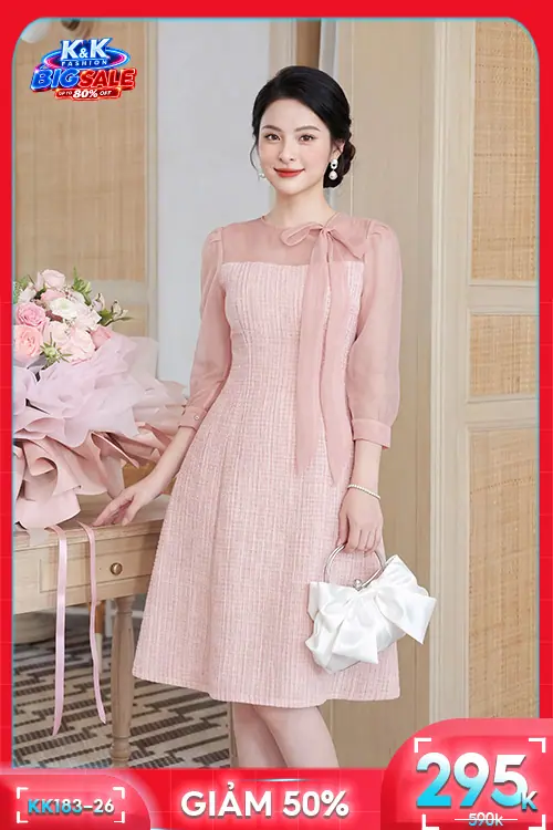 Đầm hồng tay dài