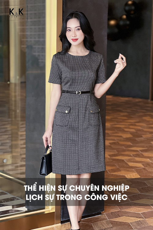 Đầm chữ a công sở thắt đai eo KK165-24