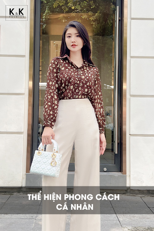 Áo sơ mi công sở nữ màu nâu họa tiết ASM14-23