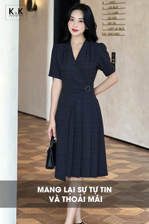 Đầm công sở cổ v dáng xòe chữ a xếp ly KK164-40