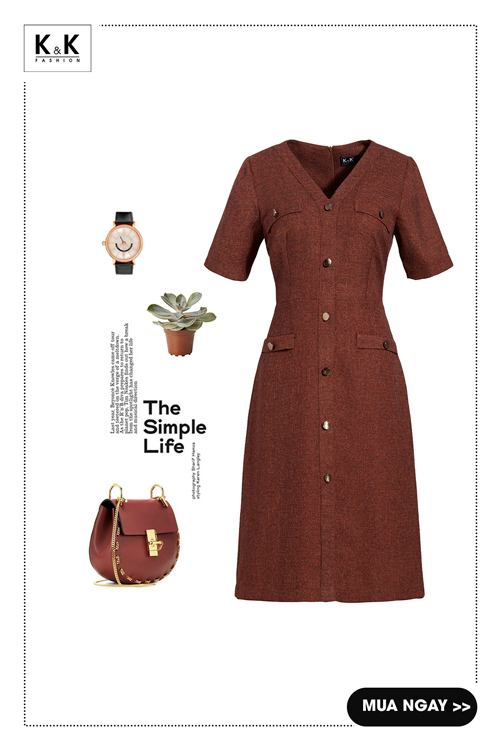 Đầm công sở dáng chữ a cổ v màu nâu KK163-23
