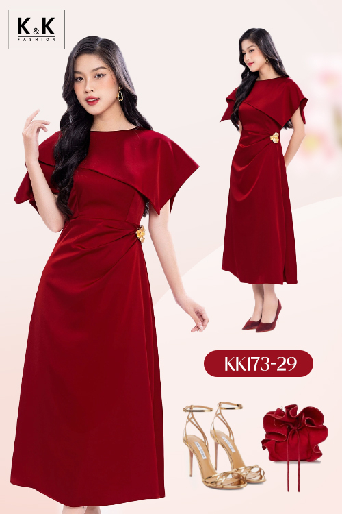 Đầm đỏ dự tiệc cổ choàng nhấn eo KK173-29