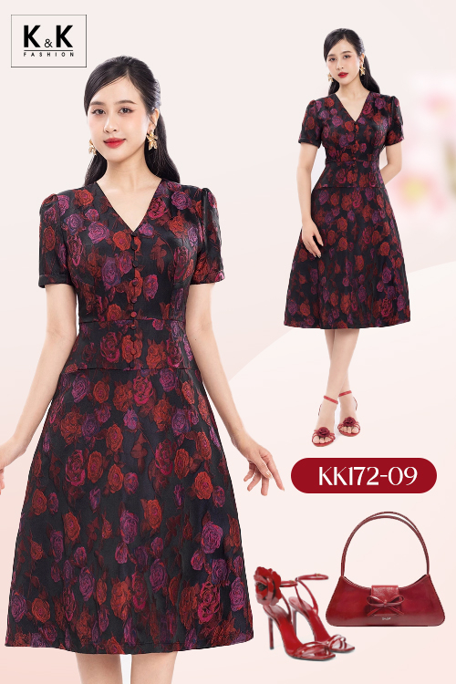 Đầm xòe dự tiệc tafta đen hoa đỏ cổ V KK172-09