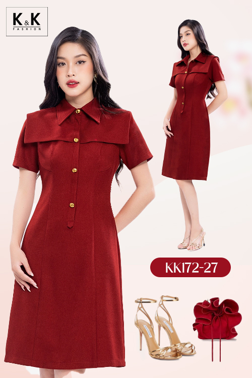 Đầm đỏ dự tiệc dáng chữ A cổ sơ mi KK172-27