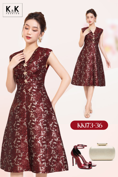 Đầm họa tiết đi tiệc dáng xòe cổ V KK173-36