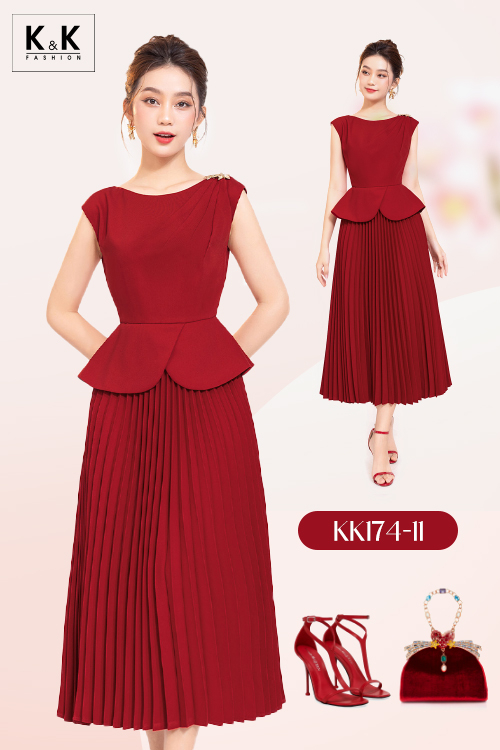 Đầm peplum dự tiệc màu đỏ xếp ly KK174-11