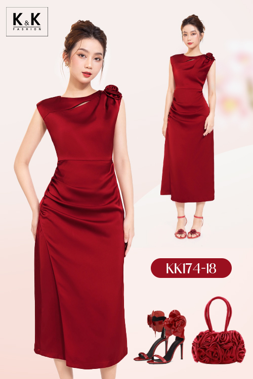 Đầm lụa đỏ dự tiệc dáng ôm body kk174-18