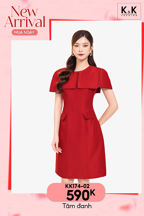 Đầm đỏ chữ A dự tiệc cổ cách điệu KK174-02