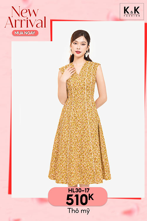 Đầm hoa nhí dáng xòe chữ A cổ V Hl30-17