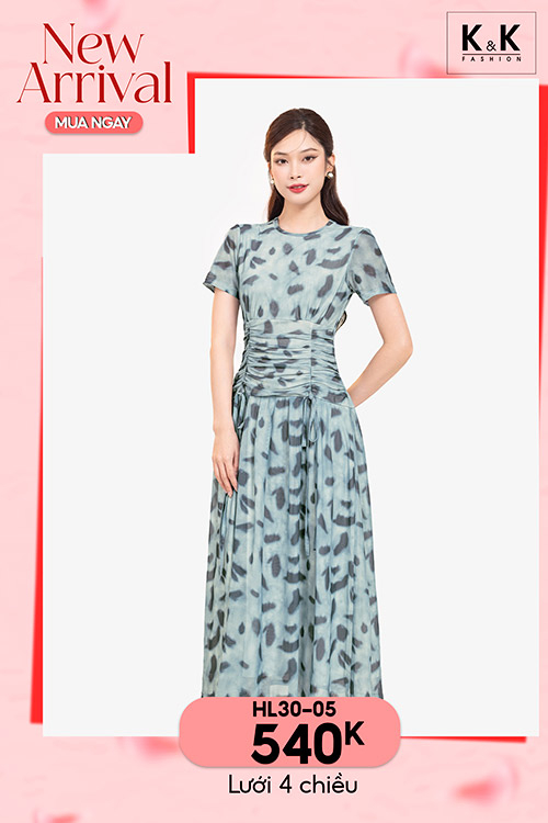Đầm xanh dáng xòe dài họa tiết đen HL30-05
