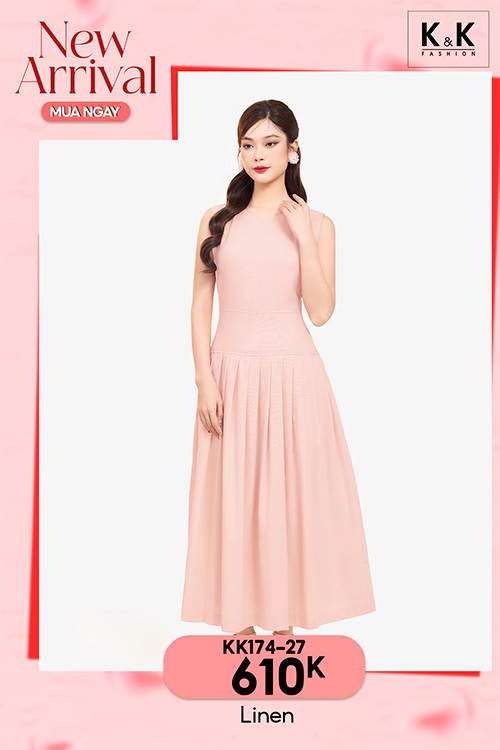 Đầm linen dáng xòe dài xếp ly màu hồng KK174-27