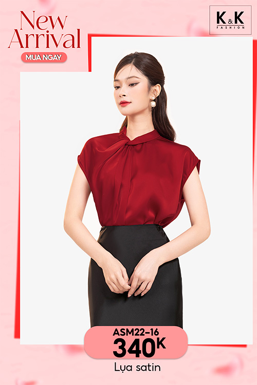 Áo lụa màu đỏ kiểu cổ xoắn ASM22-16