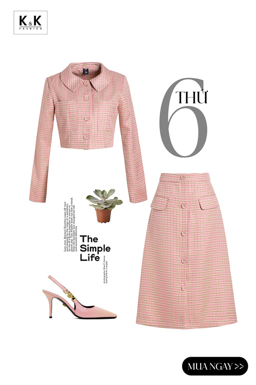 Chân váy chữ A caro hồng ngang gối CV06-33