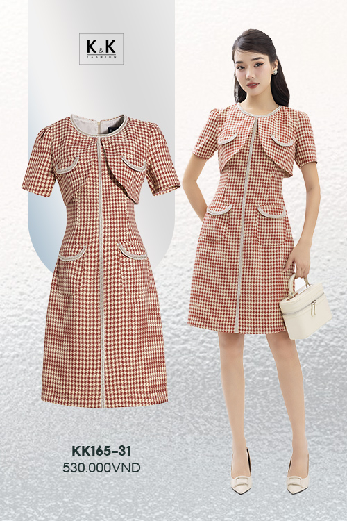 Đầm đi chơi chữ A caro trắng đỏ phối túi KK165-31