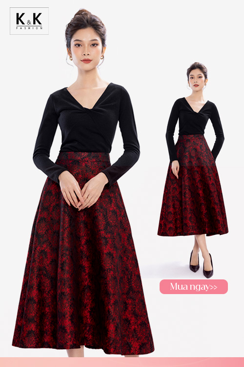 Đầm áo cát hàn đen hở vai phối váy voan in hoa đỏ - Bán sỉ thời trang mỹ  phẩm