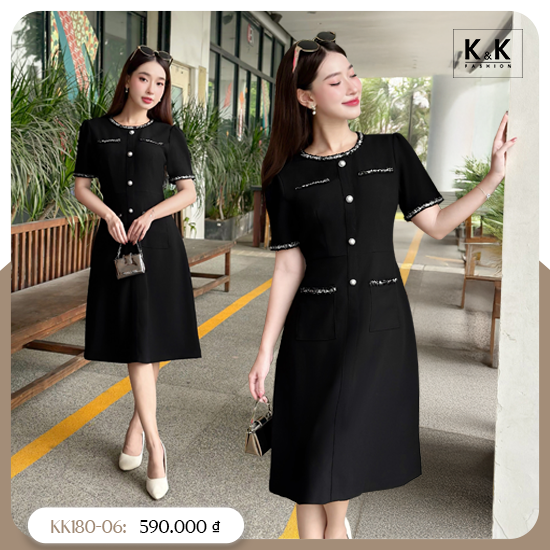 Đầm đen công sở dáng xòe phối viền KK180-06