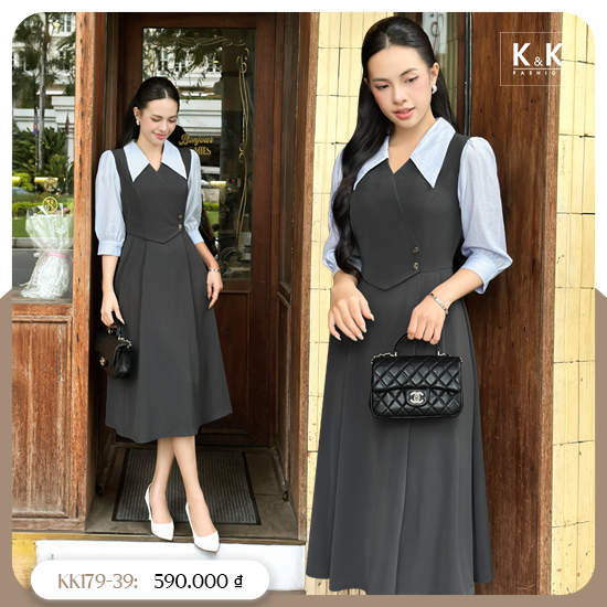 Đầm xoè công sở màu xám phối tay xanh KK179-39