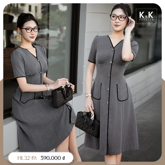Đầm xòe công sở cổ V phối viền đen HL32-19