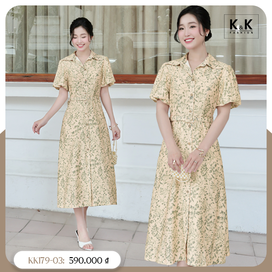 Đầm hoa nhí dáng xòe dài phối thắt lưng KK179-03