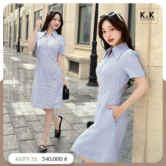 Đầm kẻ sọc xanh dáng chữ A cổ sơ mi KK179-33