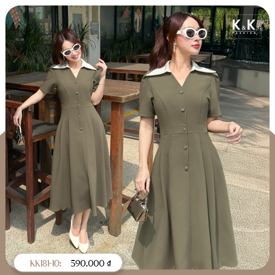 Đầm xòe công sở phối cổ sơ mi trắng KK181-10