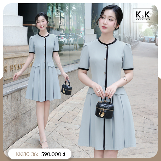 Đầm chữ A xếp ly màu xanh viền đen KK180-36