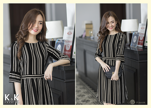 Đầm xòe họa tiết kẻ sọc với chất liệu garolan mềm mại, co giãn thoải mái KK66-43