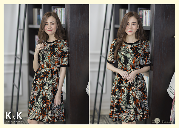 Đầm xòe họa tiết KK66-38 với chất liệu garolan cho mùa hè thoáng mát