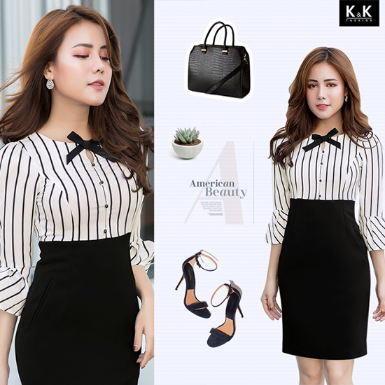 Đầm công sở phối họa tiết kẻ sọc KK71-10