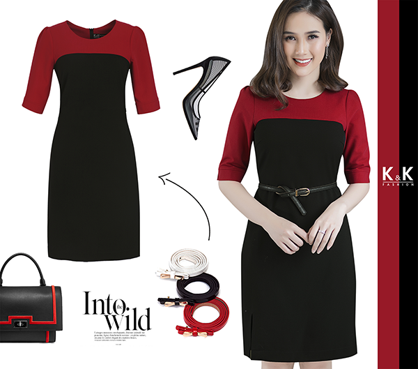 Đầm liền công sở phối màu tay lửng KK70-48