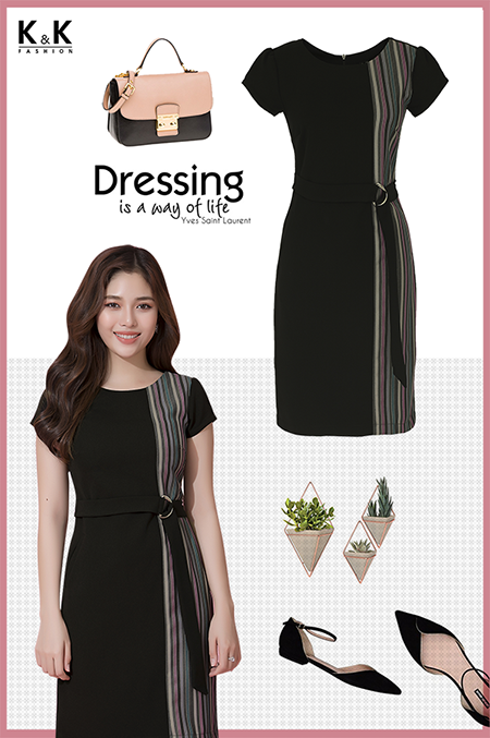 Đầm công sở thắt eo phối họa tiết kẻ sọc KK72-19