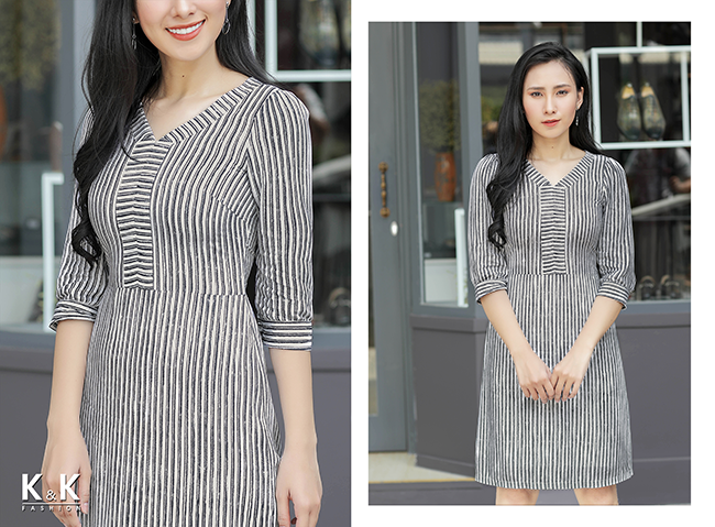 Đầm họa tiết kẻ sọc tay lửng KK75-02