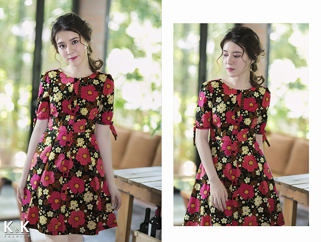 Đầm họa tiết hoa xòe tay lửng KK67-04