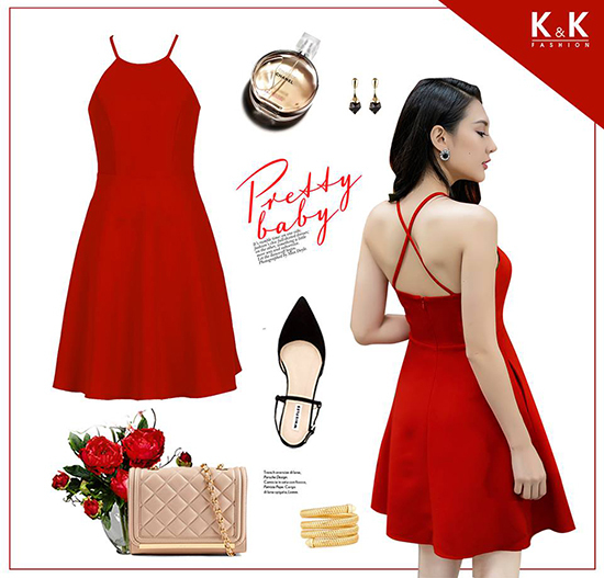 Đầm xòe đỏ cổ yếm biến tấu đầy thời trang KK71-31