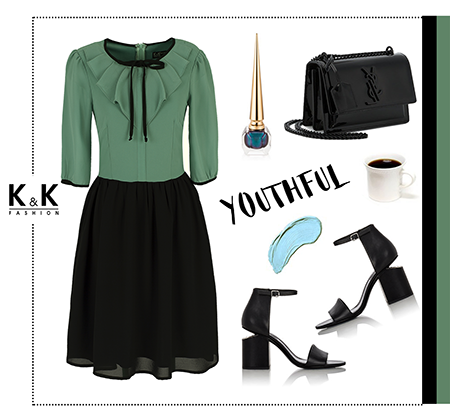 Đầm xanh phối đen tay lửng KK66-31