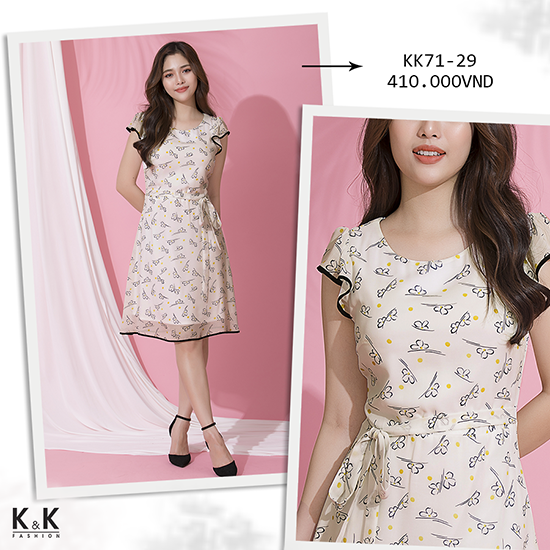 Đầm xòe họa tiết thắt nơ eo xinh xắn KK71-29