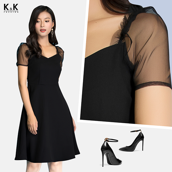 Đầm đen phối ren cổ vuông KK76-25