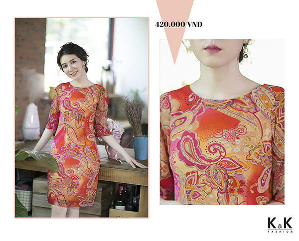 Đầm họa tiết hoa văn nền cam KK67-02