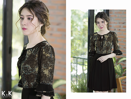 Đầm họa tiết phối đen tay bèo tầng KK67-10