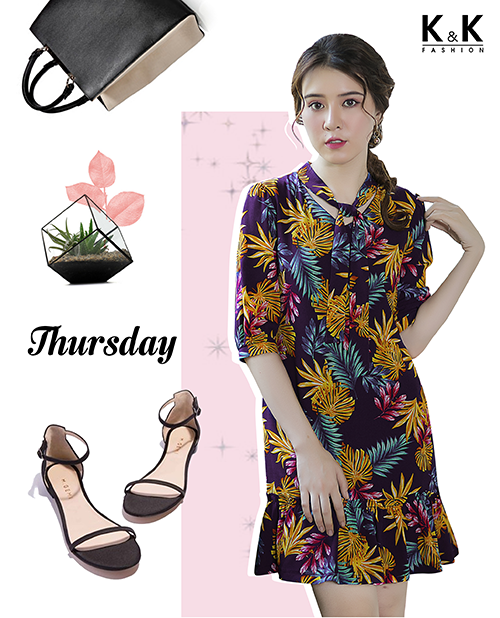 Đầm họa tiết hoa hạ eo KK67-24