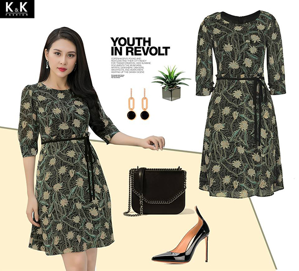 Đầm xòe họa tiết thắt nơ eo KK71-35