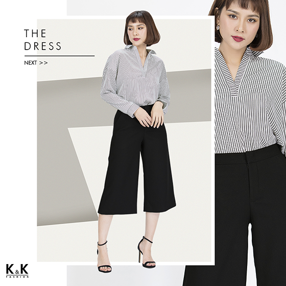 Set áo kiểu sọc đen trắng ASM02-24 + quần cullote đen QCS01-13