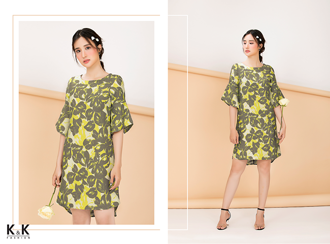 Váy suông họa tiết hoa tay loe điệu đà KK71-28