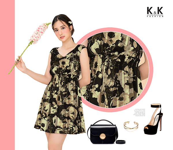 Đầm xòe họa tiết nhún eo HL01-38