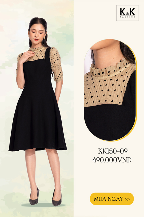 Đầm xòe đen công sở phối chấm bi KK150-09