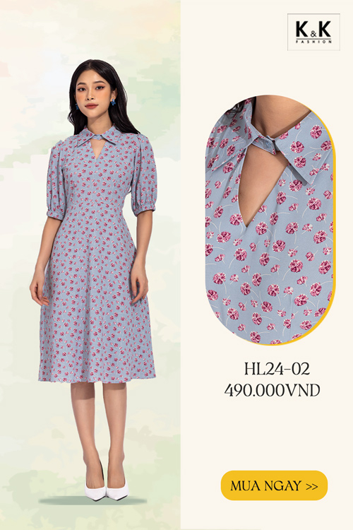 Đầm lụa công sở họa tiết hoa HL24-02