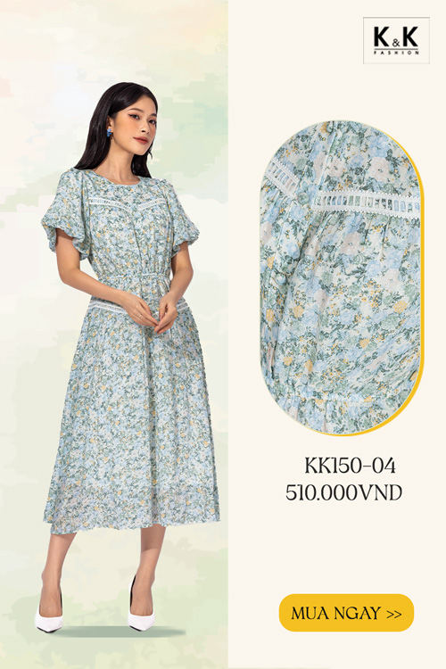 Đầm hoa công sở tay phồng KK150-04