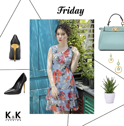 Đầm họa tiết hoa hạ eo nền xanh KK67-30