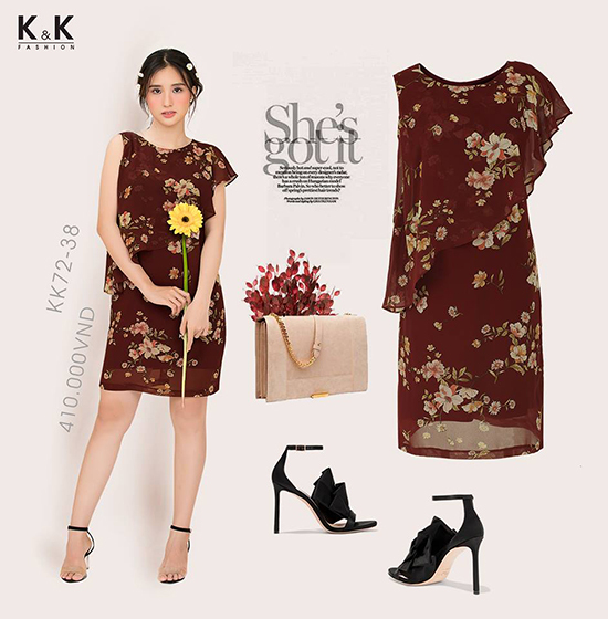 Đầm suông họa tiết hoa viền bèo điệu đà KK72-38